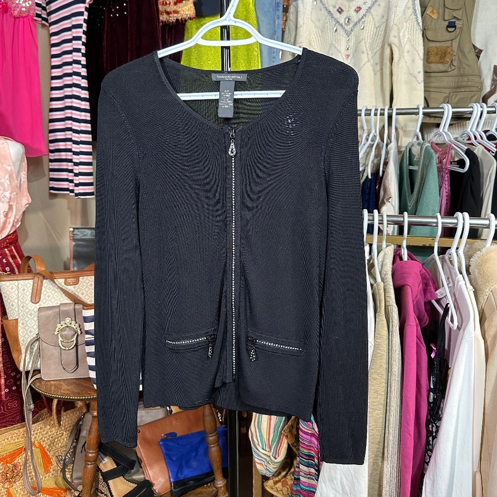 Y2K Black Zip Up Sweater Crystal Zipper Details Size Small Petite